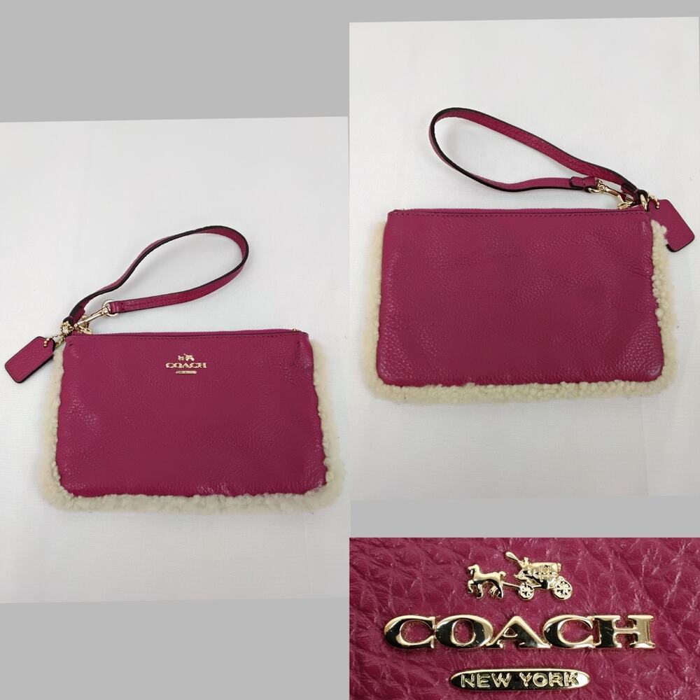 Coach Wristlet Pouch Pink Leather With Shearling Fleece Trim #Z5102